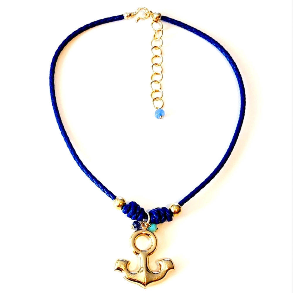 Blue leather cord Nautical pendant necklace w/ 2" extender.